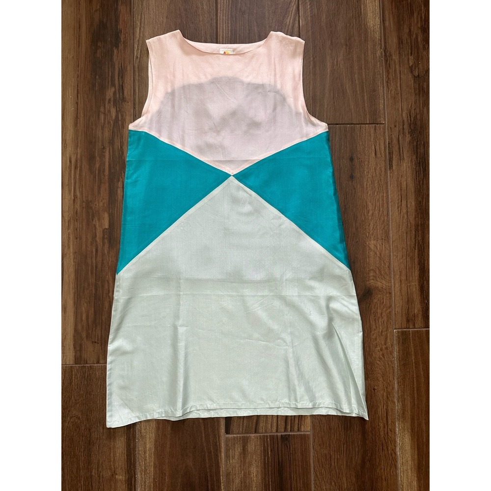 BTG Women Pink Teal Colorblock 100% Silk Sleeveless Shift Dress‎ Size Medium